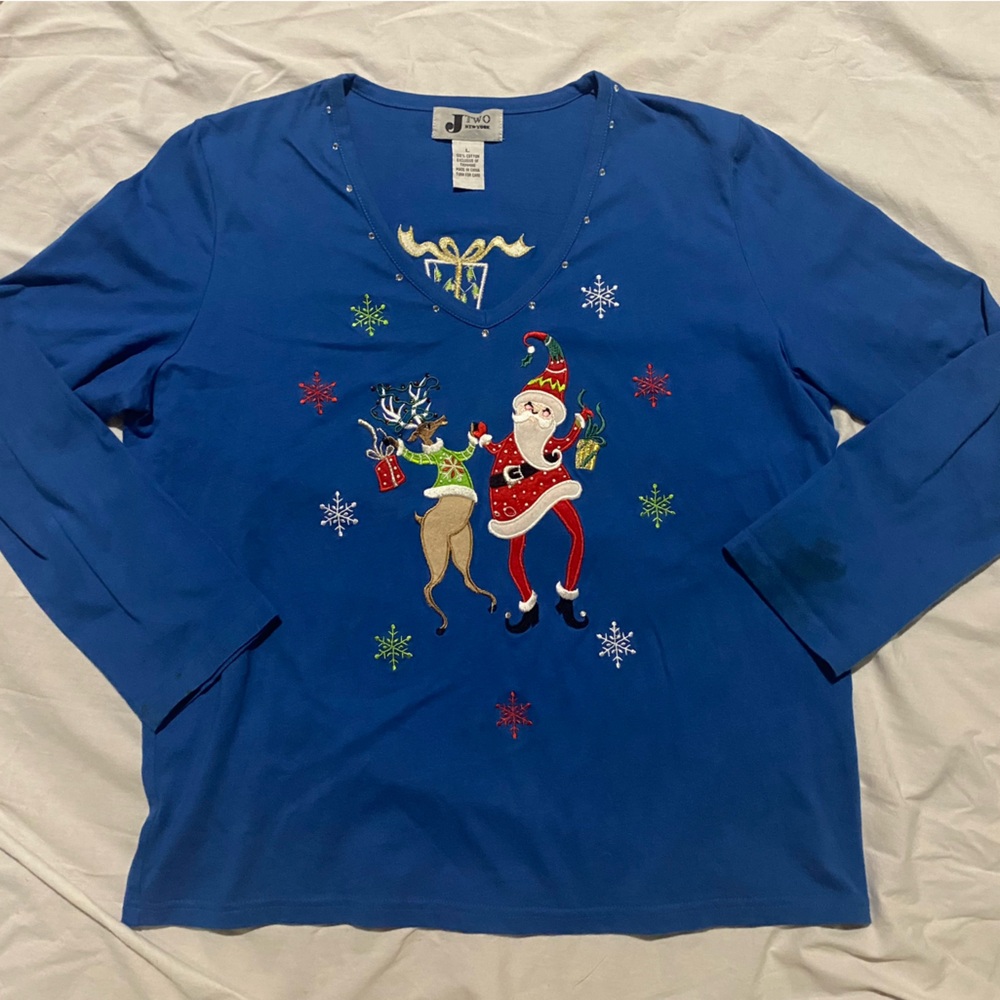 Dancing Santa & Reindeer Party Shirt Embellished Holiday Sz L Christmas Shirt